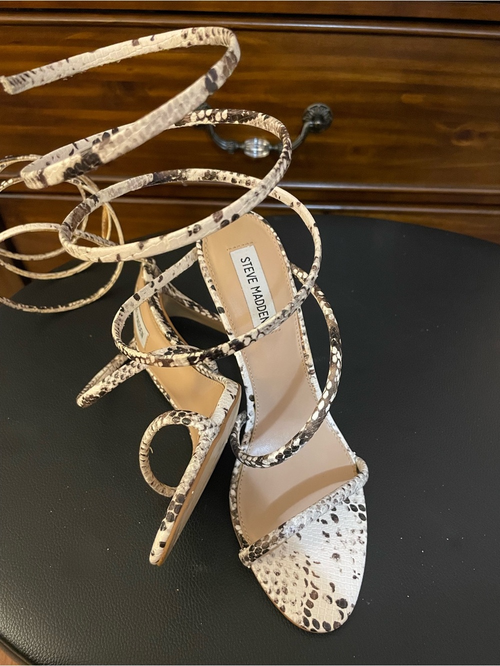 Steve Madden Snake-Print Lace-Up Stiletto Sandals in Beige and Black